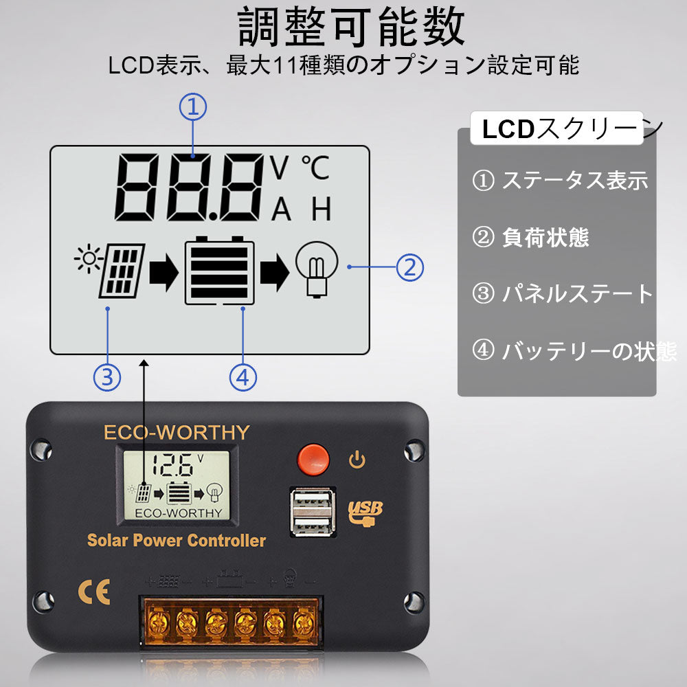 30A PWM LCD ディスプレイソーラー充電コントローラレギュレータ、USB ポート 12V/24V オートスイッチ付き_4