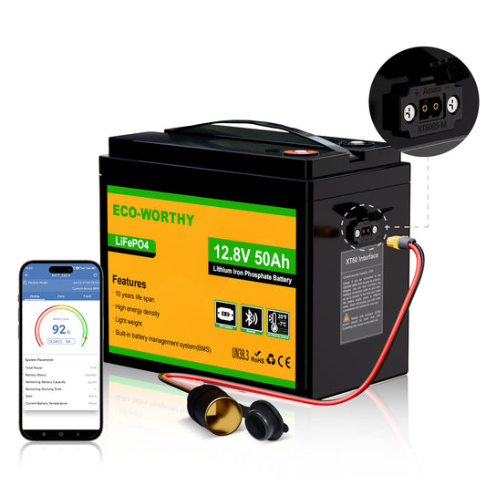 ECO-WORTHY 12V 50Ah LiFePO4リチウムバッテリー（XT60インターフェース、Bluetooth 5.0、低温保護機能付き）