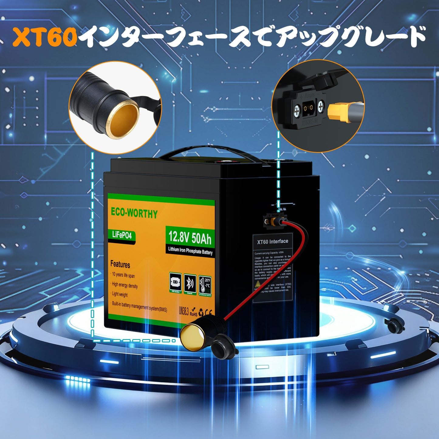 ECO-WORTHY 12V 50Ah LiFePO4リチウムバッテリー（XT60インターフェース、Bluetooth 5.0、低温保護機能付き）