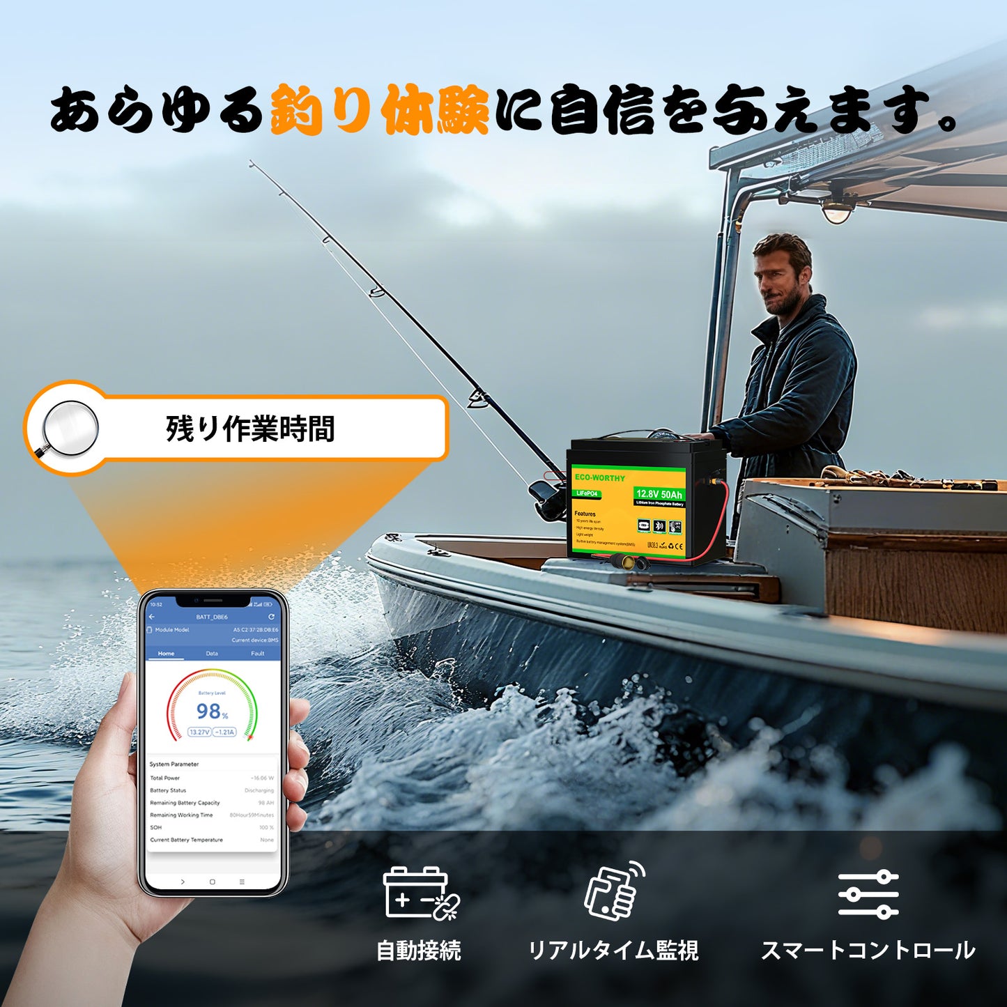 ECO-WORTHY 12V 50Ah LiFePO4リチウムバッテリー（XT60インターフェース、Bluetooth 5.0、低温保護機能付き）