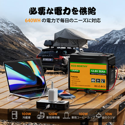 ECO-WORTHY 12V 50Ah LiFePO4リチウムバッテリー（XT60インターフェース、Bluetooth 5.0、低温保護機能付き）